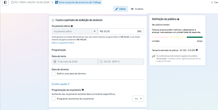 Print de orçamento diário de R$ 20 e programação da campanha.
